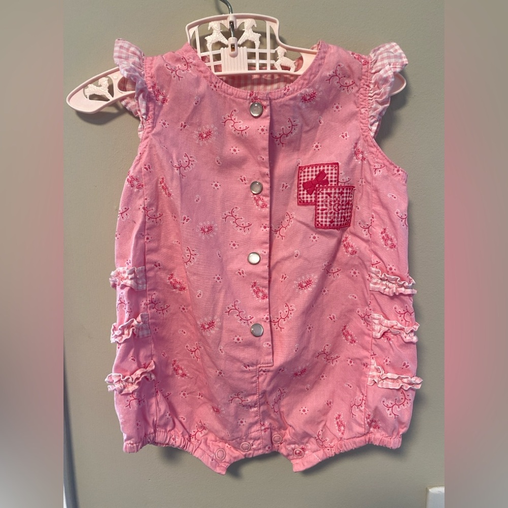 Vintage Pink Bubble Romper Cottagecore Gingham Ruffles Baby Girl Western Boho - Picture 6 of 10